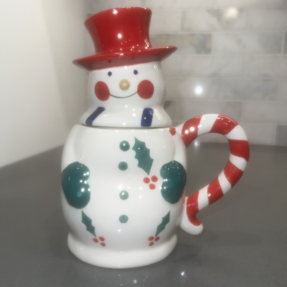 Snowman Mug With Red Hat Lid Temptations Presentable Ovenware By Tara Ceramic